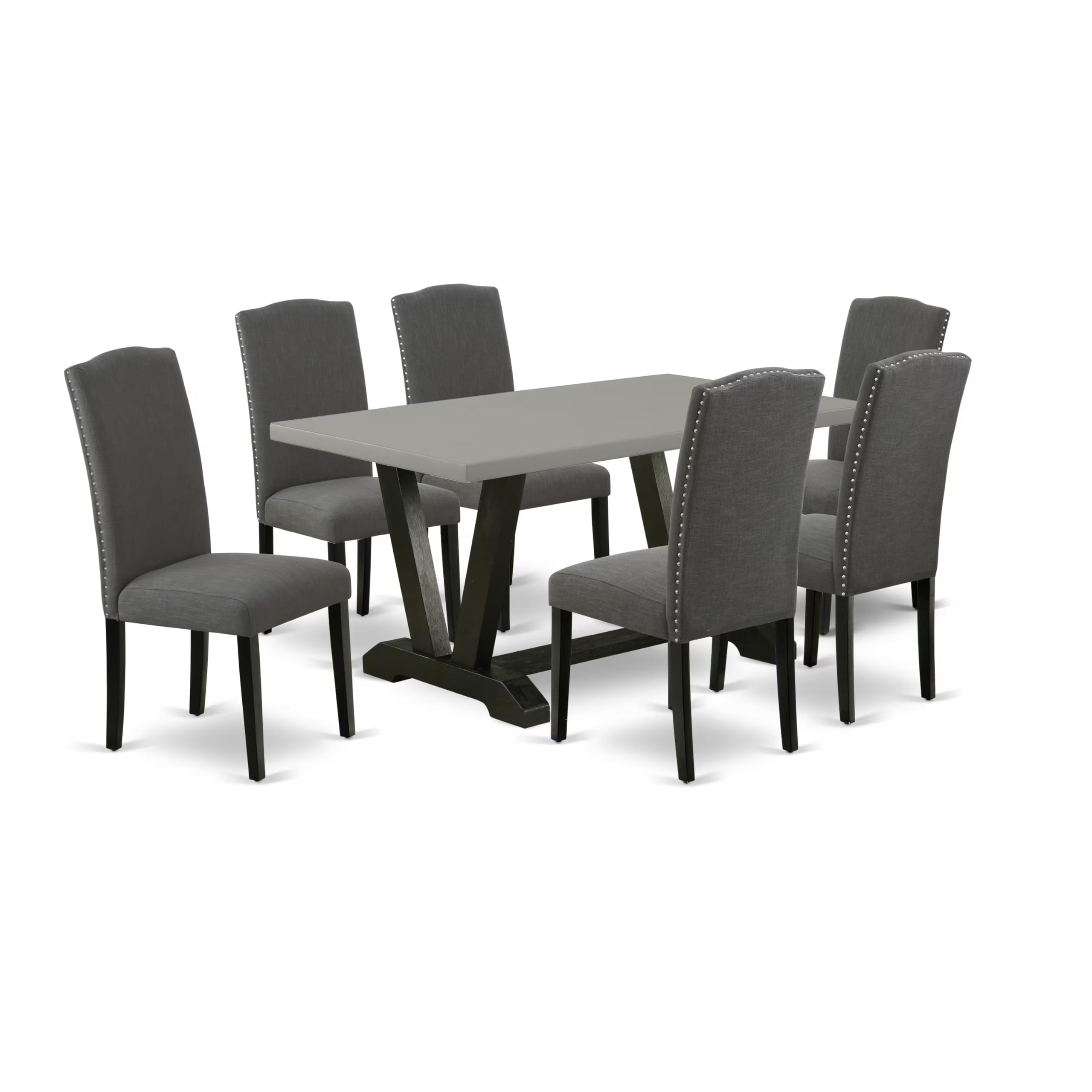East West Furniture V696En120-7 7 Piece Dining Room Table Set Consist Of A Rectangle Kitchen Table With V-Legs And 6 Dark Gotham Linen Fabric Parson Dining Chairs, 36X60 Inch, Multi-Color